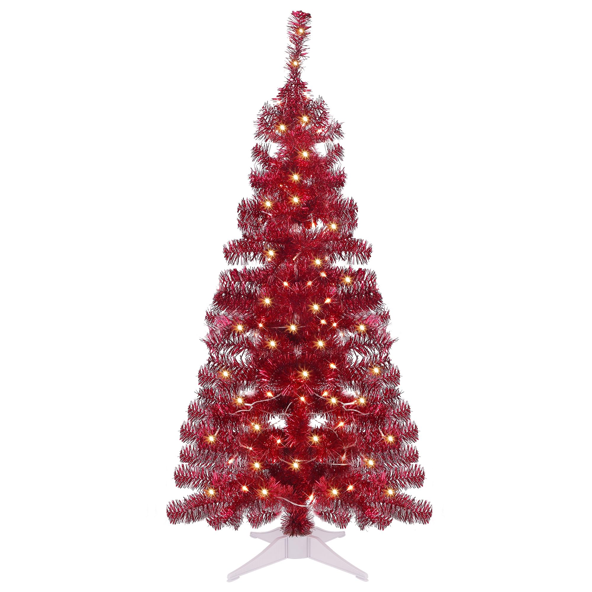 Juegoal 4 FT Pre-lit Artificial Christmas Tree, Lighted Red Tinsel Pine Spruce Tree with 70 LED Lights, 8 Modes & Timer, Xmas Holiday Home Party Decor