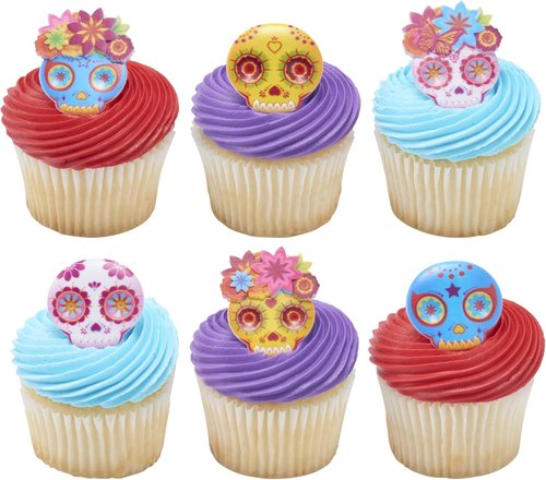 DecoPac Calavera Mask Cupcake Toppers - 24 Día de los Muertos Skull Rings for Celebrations & Parties