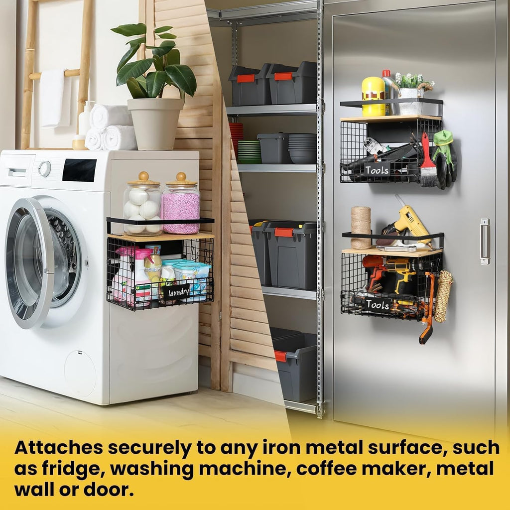 WIDER SHELF Magnetic Shelf Basket Set - XXL Large Bamboo Top Spice Rack for Fridge & Pantry Storage
