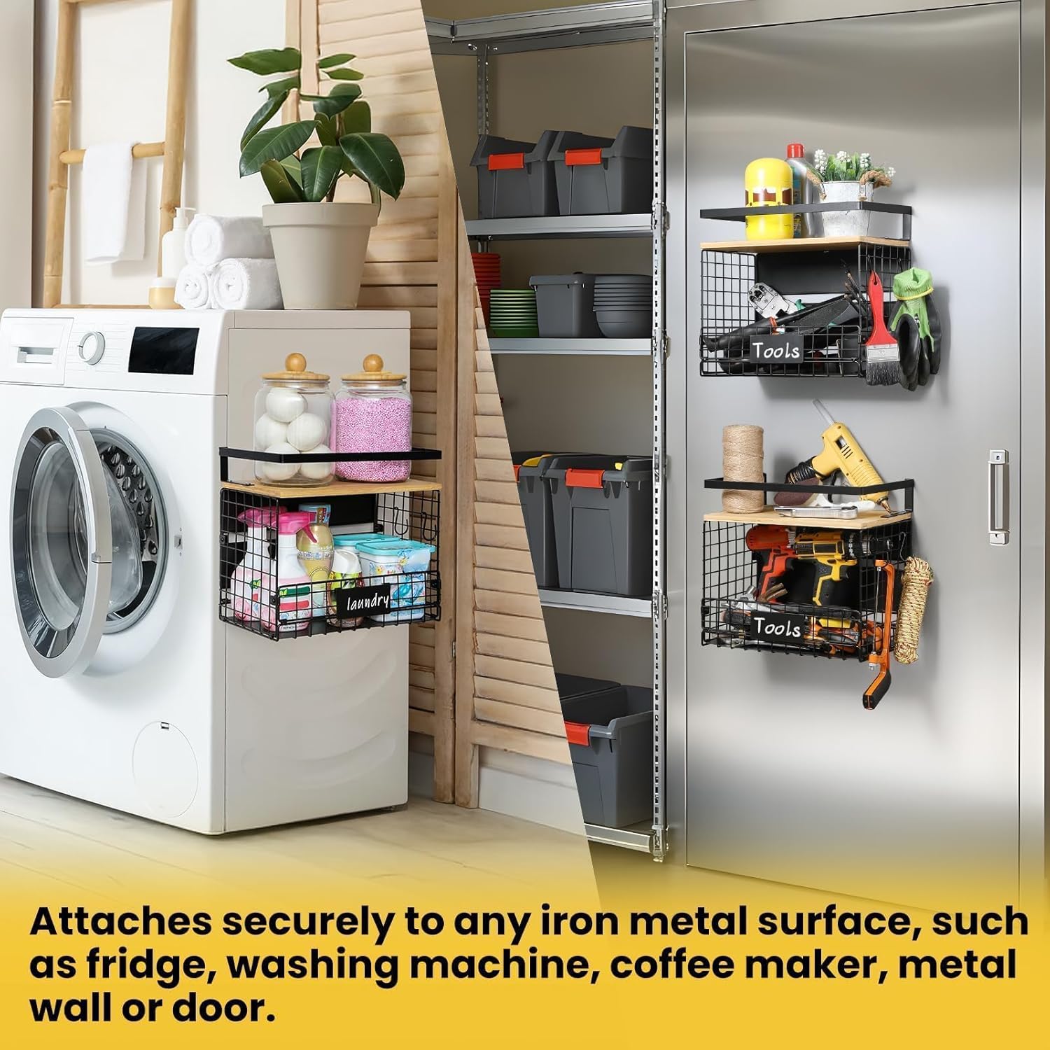 WIDER SHELF Magnetic Shelf Basket Set - XXL Large Bamboo Top Spice Rack for Fridge & Pantry Storage