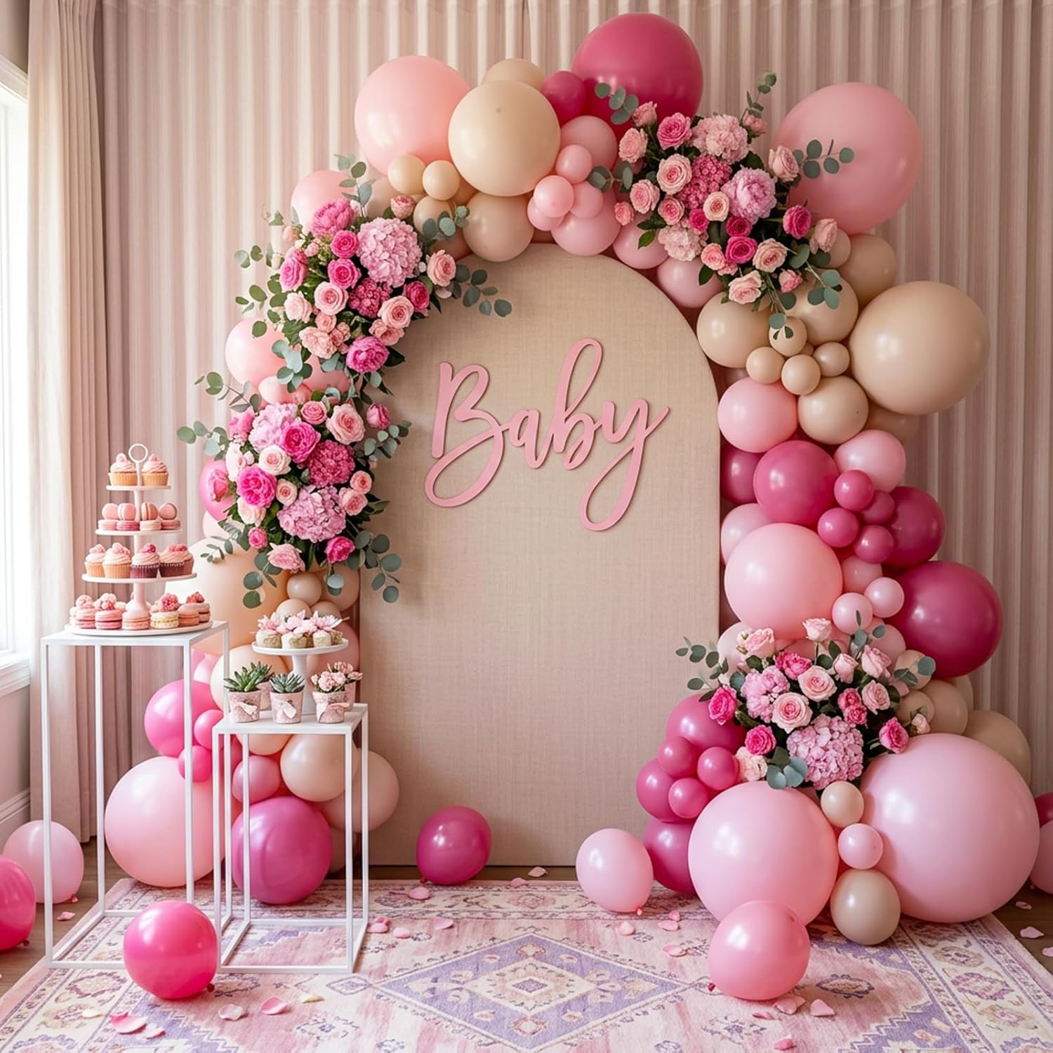 RUBFAC Balloon Garland Kit - 129pcs Latex Balloons in Baby Pink & Hot Pink | 5-18 Inch Sizes for Parties