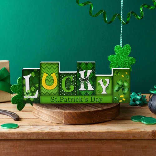 Reversible Wooden Love & Lucky Sign, Valentine’s Day and St. Patrick’s Day Double-Sided Tabletop Décor Centerpiece