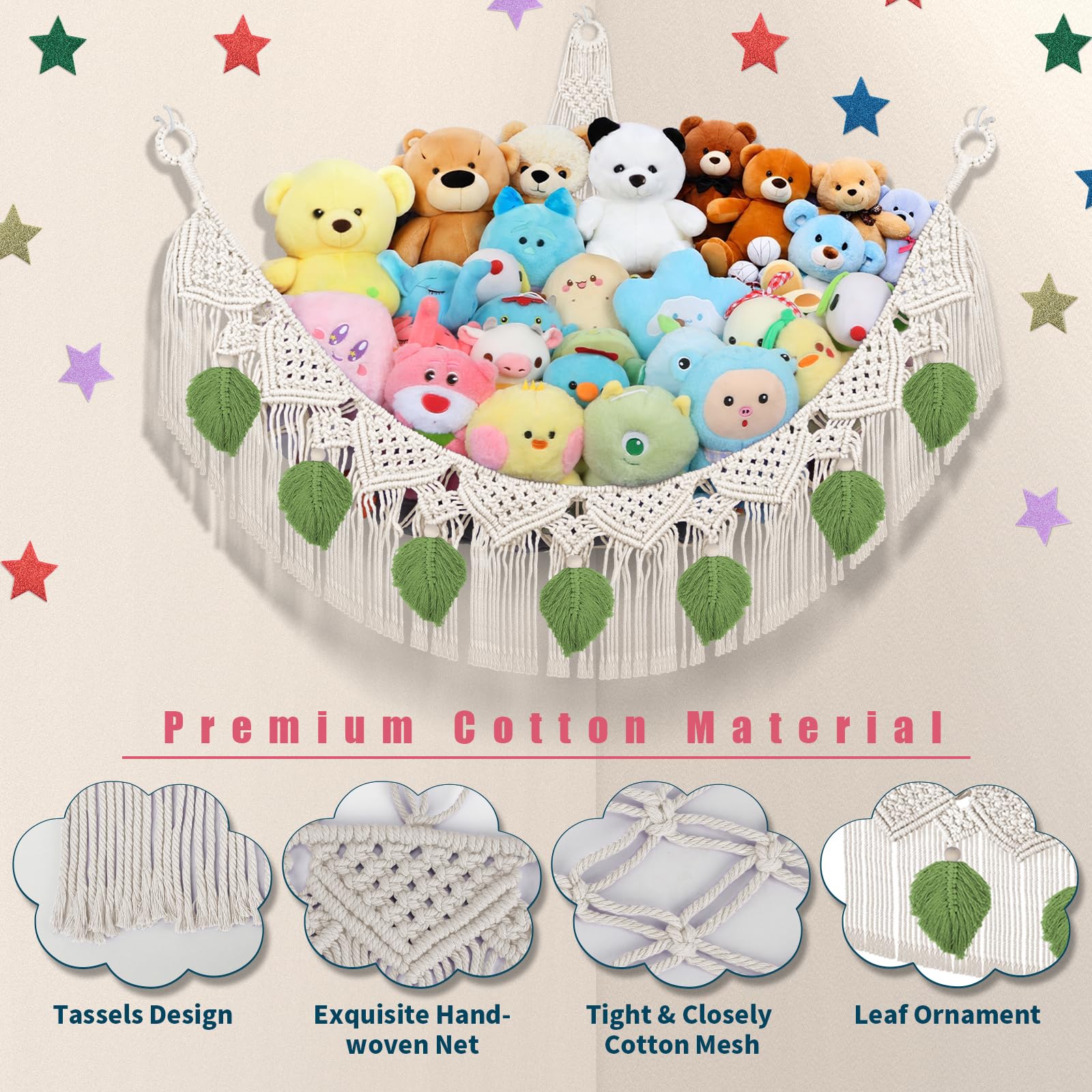 Stuffed Animal Hammock Corner w/LED Star Light, 56'' Jumbo Boho Tassel Leaf Hanging Stuffed Animal Net Holder, Cream Toy Hammock Plushie Net for Kid Girls Boys Gift Nursery Decor