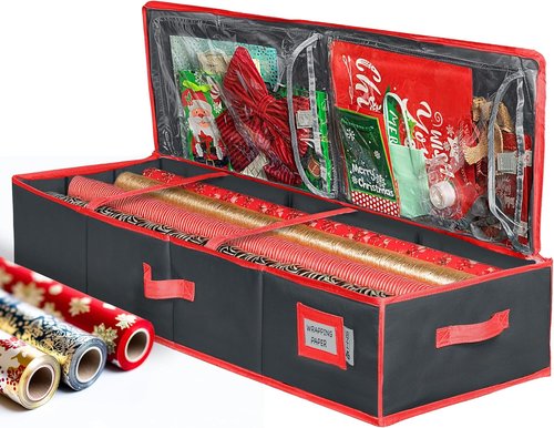HOLDN’ STORAGE Wrapping Paper Storage Container - Durable 600D Tear-Proof Design, Fits 27 Rolls, Extra Pockets for Ribbons & Bows, Black