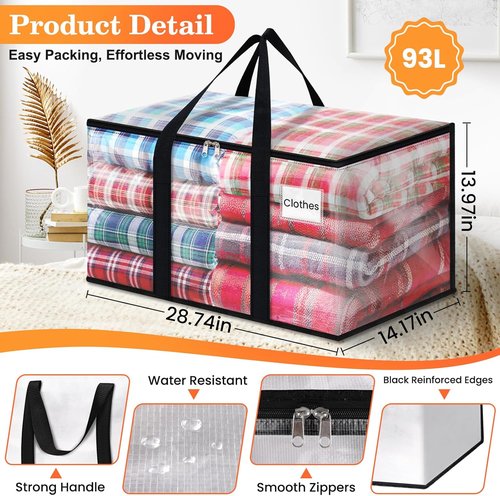Extra Large Moving Bags by [Brand Name] - Heavy Duty Storage Tote with Strong Zippers & Handles | 93L, 8 Pack, Clear