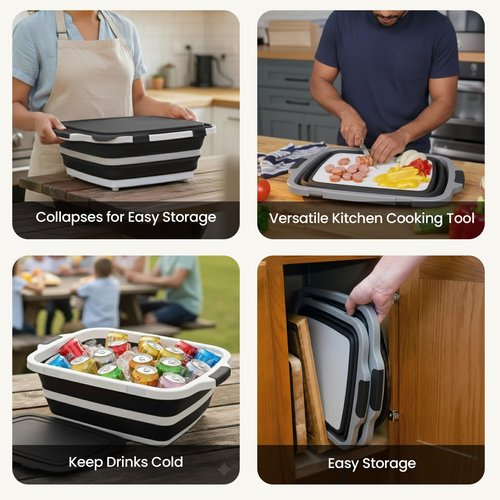 Havenity BBQ Prep Tub 2 Pack (8L+16L) - Multifunctional Collapsible Camping Cutting Board with Upgraded Locking lid, Meal Prep Meat Storage Container Perfect for Grilling, Outdoor Cooking (Large + XL)
