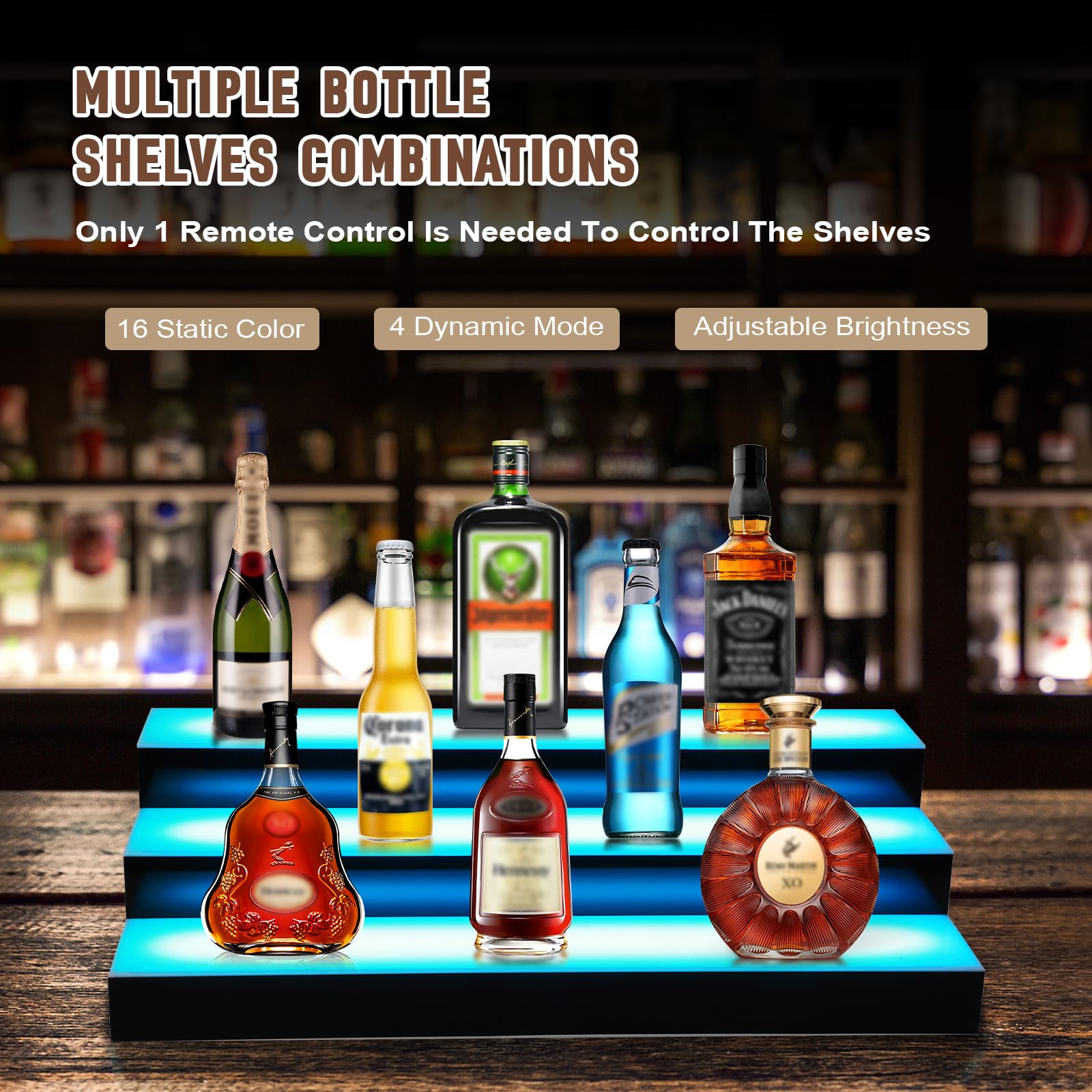 Dollate 3 Tiers 16 Inch LED Lighted Liquor Bottle Display, LED Tabletop Wine Shelves with RF Remote Control, Adjustable Lighting & Colors Liquor Storage Rack for Home Bar
