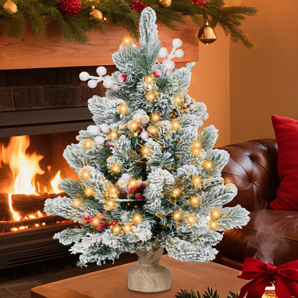 RIDGEPOLE 2FT Pre-lit Mini Christmas Snow Flocked Tree,Tabletop Artificial Christmas Tree with LED Lights, Small Xmas Pine Tree with Cloth Bag Base for Christmas Decor,12 PCS Berry & 8 Pinecones