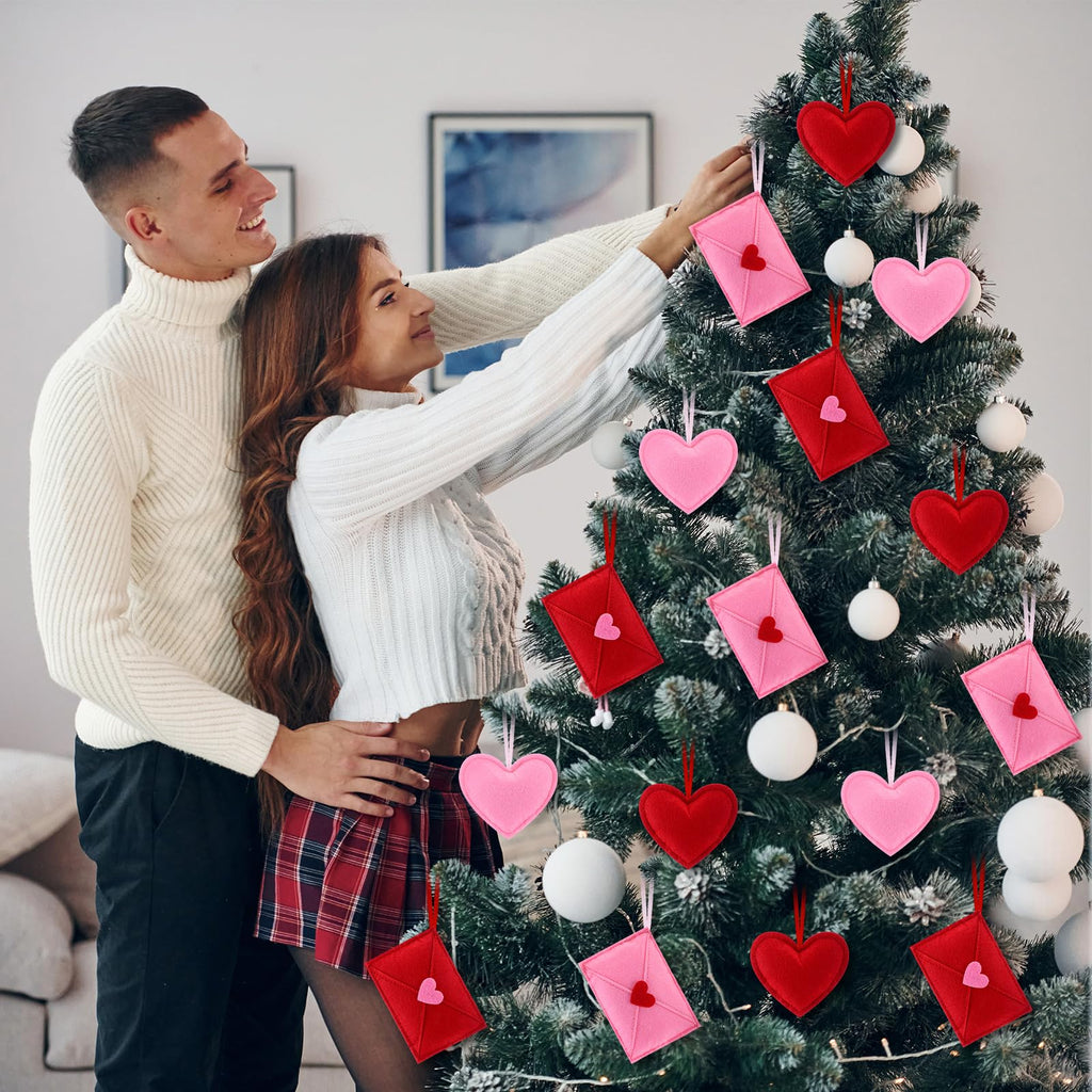 HunnmingRe 24 Pcs Valentine's Day Felt Heart and Envelope Ornaments, Red and Pink Hanging Heart Shaped Baubles for Valentines Day Tree Decor, Wedding, Anniversary, Party Decor, DIY Crafts