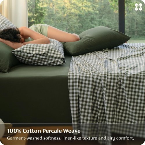 Bedsure 100% Washed Cotton Percale Sheets - Gingham Olive Green Queen Set with 18" Deep Pockets, Soft & Breathable