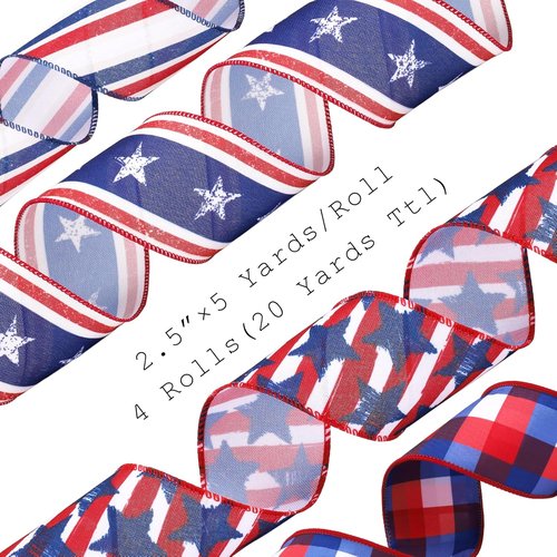 LaRibbons Patriotic Ribbon - Wired 2.5 Inch x 20 Yards | Red, White, Blue Star & Stripe for 4th of July Decor