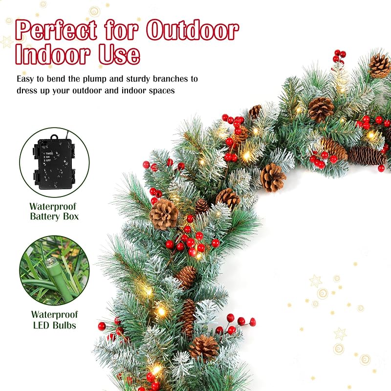 Lewondr 9ft Prelit Christmas Garland with Cedar, Pine Cones & 50 LEDs - Cedar Green (Variation of Cedar Green)