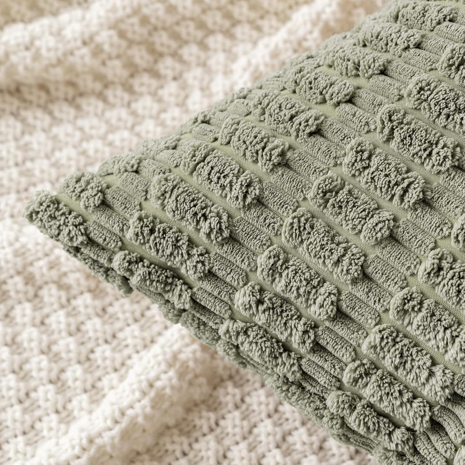 MIULEE Corduroy Throw Pillow Covers - Soft Boho Striped Design | 16x16 Inch Light Olive Green, Set of 2