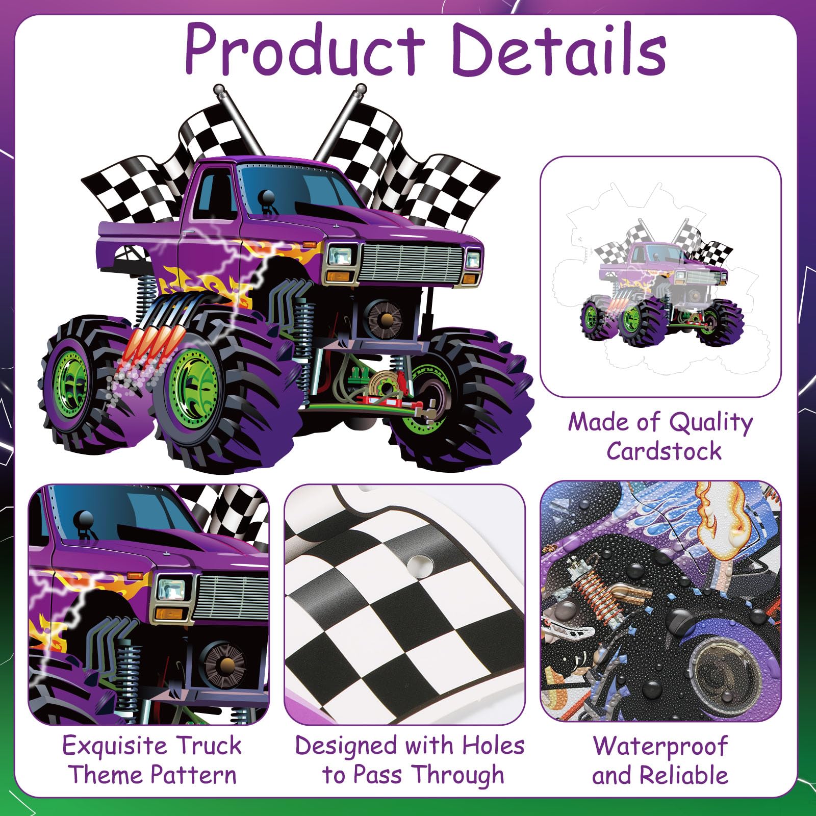 Pasimy 4 Pcs Monster Truck Birthday Banner Cars Truck Garland Black and White Checkered Flags Pennants Green Purple Happy Birthday Bunting Racing Car Theme Party Decorations Supplies