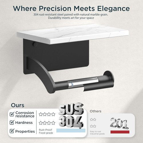 FORIOUS Toilet Paper Holder - Natural Marble Wall Mount with Phone Shelf | Matte Black 304 Stainless Steel
