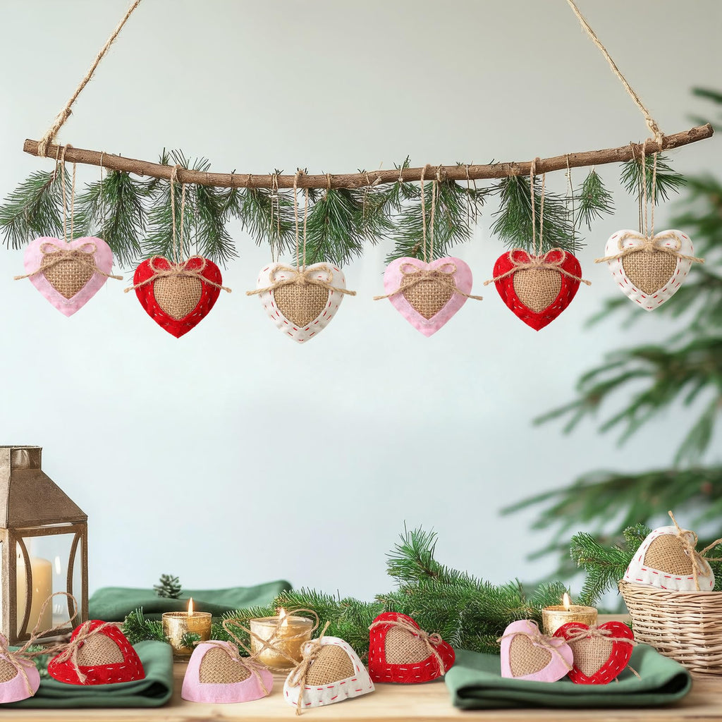 Vercraft 24 Pcs Neutral Valentine's Day Ornaments Felt Heart Ornament White Red Pink Stuffed Heart Bowl Vase Fillers Rustic Farmhouse Barn Style Valentines Day Decor for Tree Home Table Party Decor