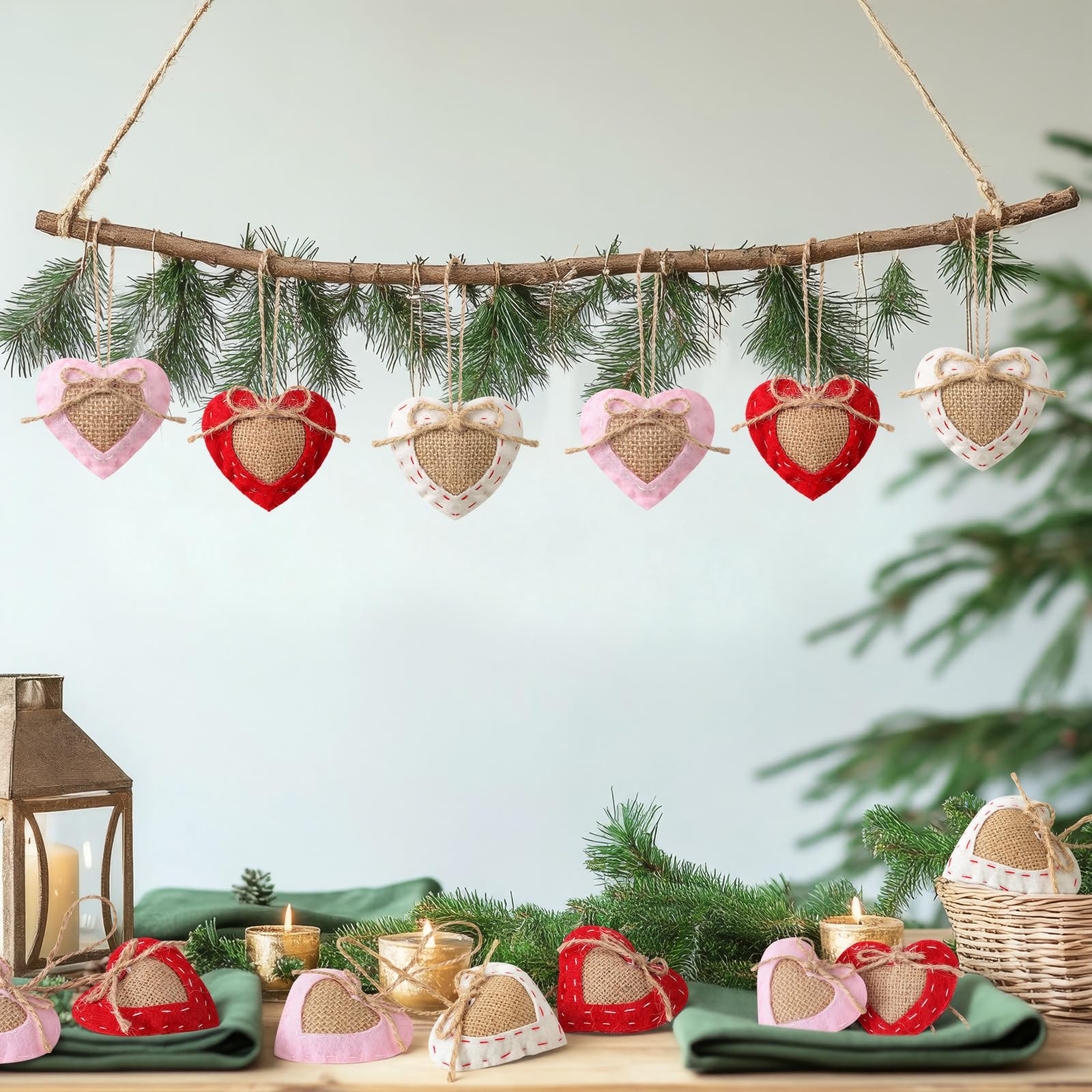 Vercraft 24 Pcs Neutral Valentine's Day Ornaments Felt Heart Ornament White Red Pink Stuffed Heart Bowl Vase Fillers Rustic Farmhouse Barn Style Valentines Day Decor for Tree Home Table Party Decor