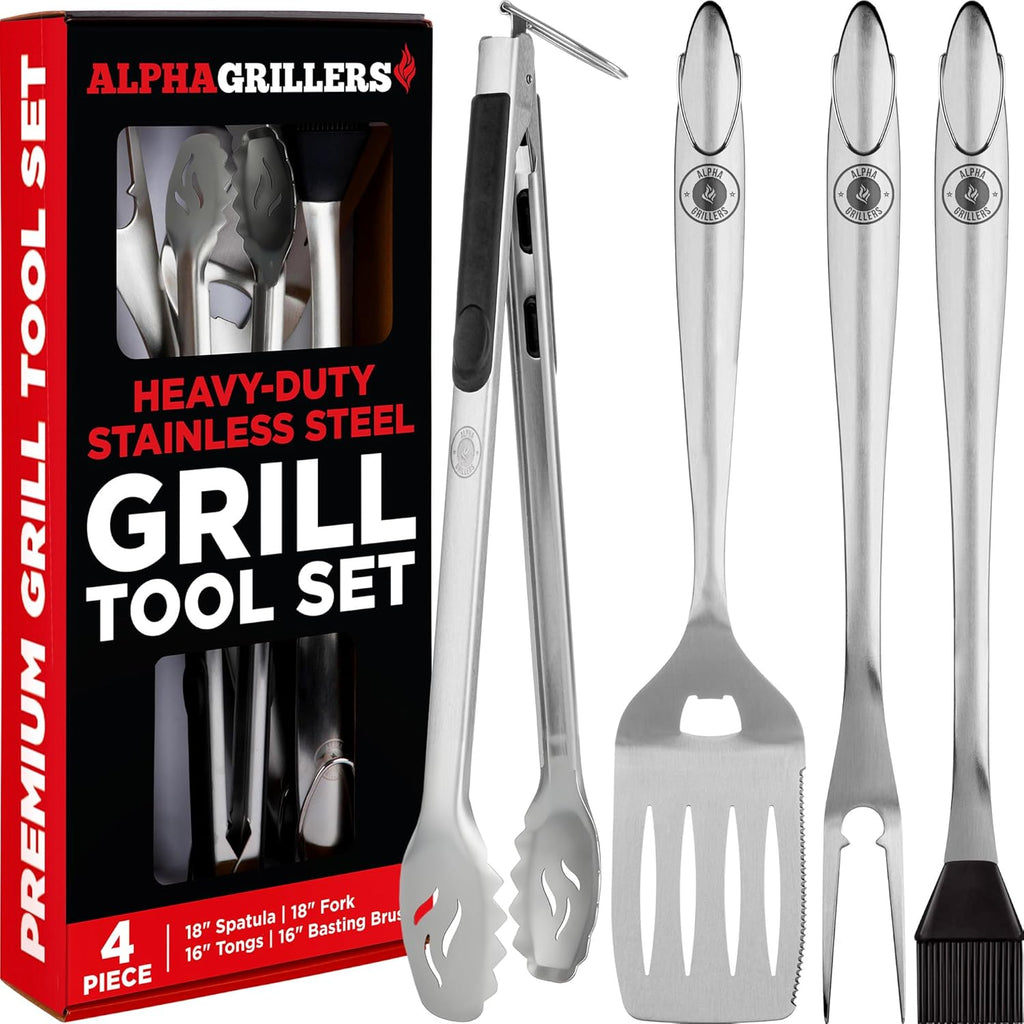 Alpha Grillers Grilling Accessories - Ultimate BBQ Tool Set with Spatula, Fork, Brush & Tongs - Perfect Gifts for Men