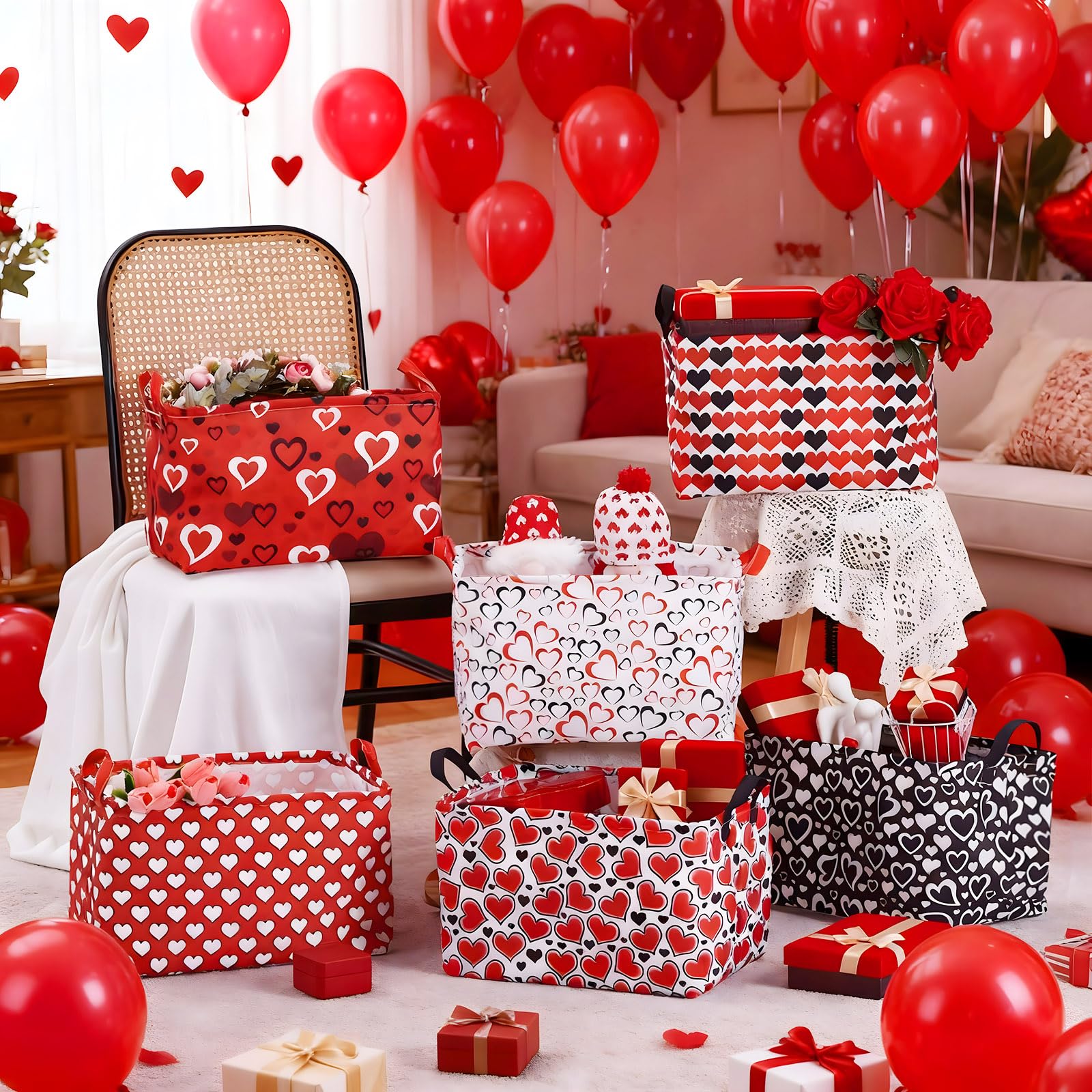 Youyole 6 Pcs Galentine's Day Gifts Basket Set Valentine's Day Storage Bins Red Heart Empty Gifts Basket Organizer with Love Pattern Valentine Decorative Container Box with Handle for Closet Shelf