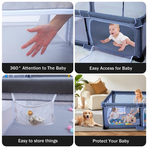Foldable Baby Playpen 50"X50",Play pen for Babies and Toddlers, Portable Playpen, Kids Collapsible Indoor and Outdoor Fence with Visible Mesh,Safety Area Travel PlayYard with Mat Storage Bags,Handlers