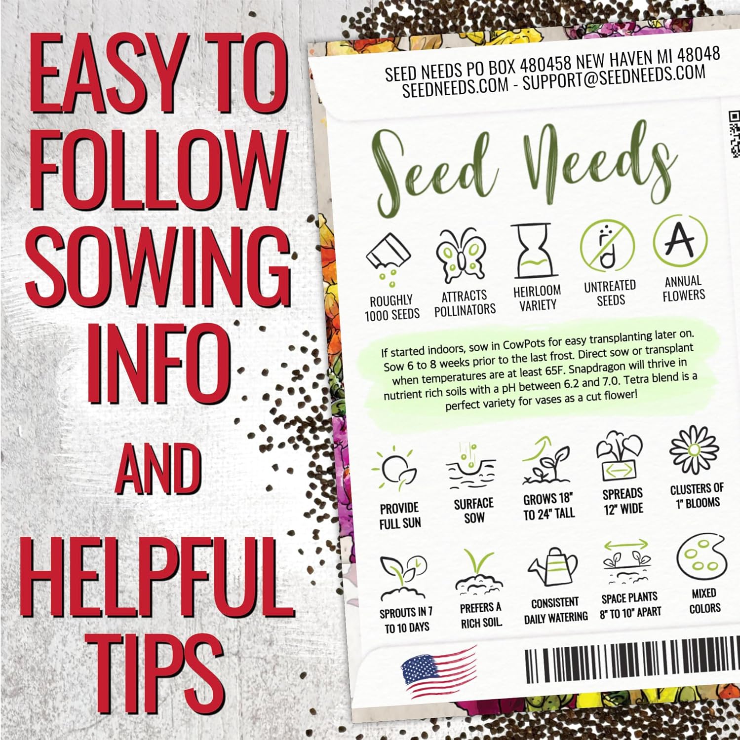 Seed Needs Mixed Tetra Snapdragon Seeds - 1,000 Heirloom Seeds for Vibrant Annual Flowers | Attract Pollinators