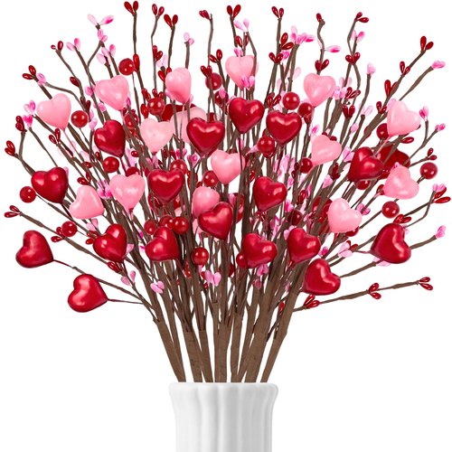 Yen Jean 26Pcs Valentines Decorations Day Artificial Flowers Picks Decor - Berry Stems with Red Pink Heart Gifts for The Home Table Centerpieces - Style 2