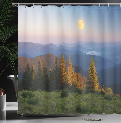 Ambesonne Nature Shower Curtain, Mountain Moon on Sky Pine Tree Hills Rural Heaven Country Picture, Cloth Fabric Bathroom Decor Set with Hooks, 69" W x 70" L, Slate Blue Fern Green