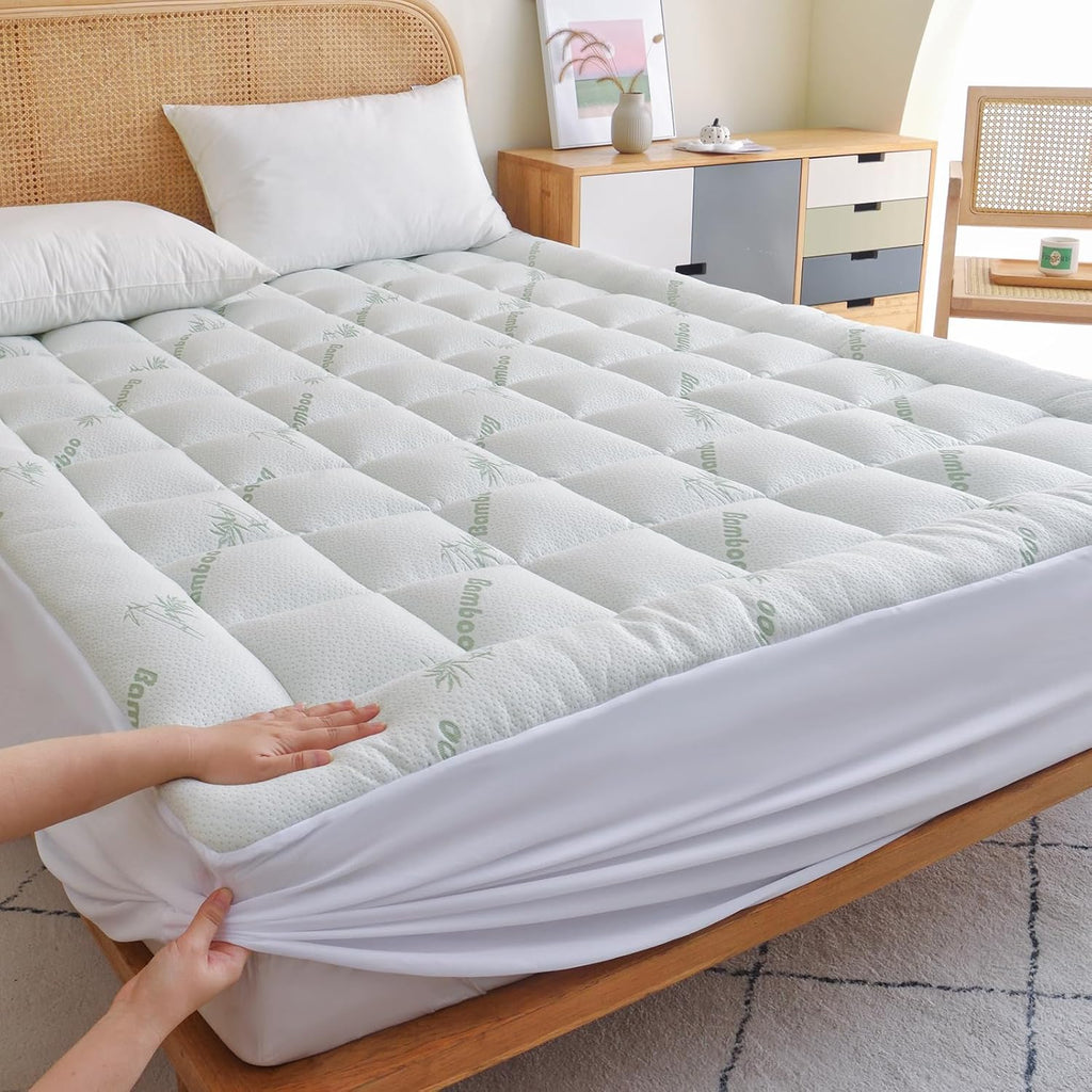 Skiennix Mattress Topper - Ultra Soft Bamboo Viscose Pad for Back Pain Relief | Queen Size, Deep Pocket Fits 8-21 Inches