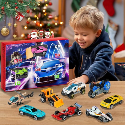 Advent Calendar 2025 - Kids Toy Cars Set with 24 Alloy Vehicles & Play Mat | Perfect Christmas Gift