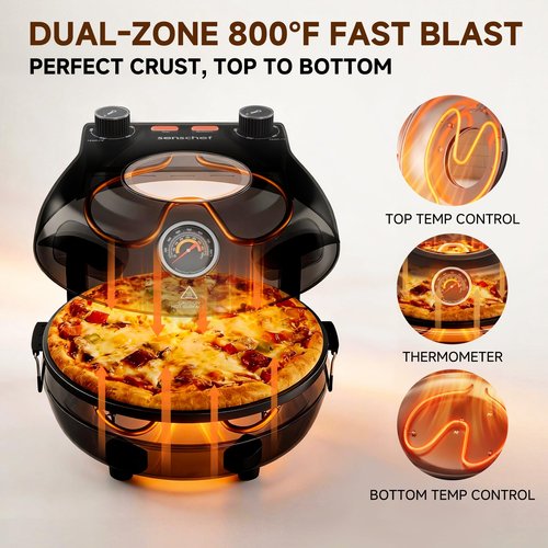 SENSCHEF 12 Inch CrustyBake Electric Pizza Oven – 800°F Indoor Countertop Cooker, Glazed Ceramic Stone for Crispy Crust, Dual Heat Control, 5-Min Pizzeria Pizza, Tools & Recipe Book Included