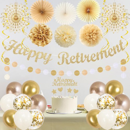Vlipoeasn Retirement Decorations for Men Women, Champagne Gold Official Retired, Happy Retirement Banner Swirls Party Supplies Retired Farewell Party Set Work Graduation Party Decorations