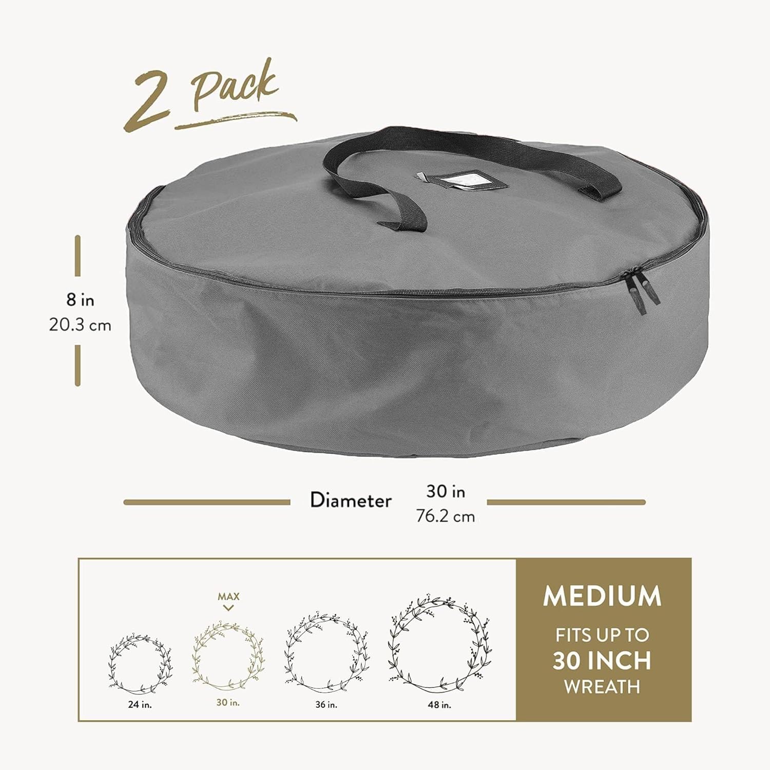 ZOBER Oxford Christmas Wreath Storage Container - 30 Inch Waterproof Bag with Dual Zippers & Durable Handles - Gray