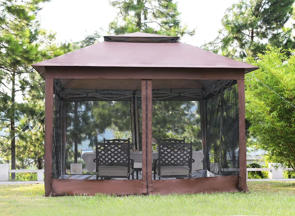 Skiennix 10'x10' Pop-Up Gazebo - Outdoor Patio Canopy with Mosquito Netting & Double Roof, Brown
