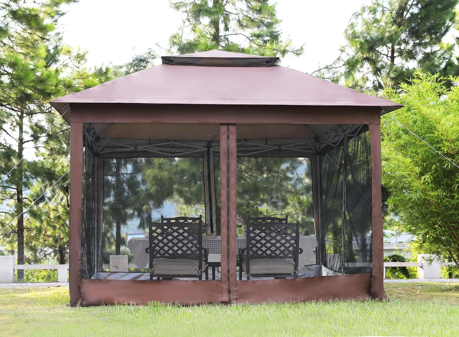 Skiennix 10'x10' Pop-Up Gazebo - Outdoor Patio Canopy with Mosquito Netting & Double Roof, Brown