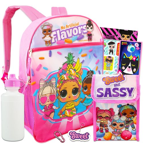LOL Dolls Backpack with Lunch Box Set - Bundle with 16" Backpack, Lunch Box, Water Bottle, Stickers, More | LOL School Supplies