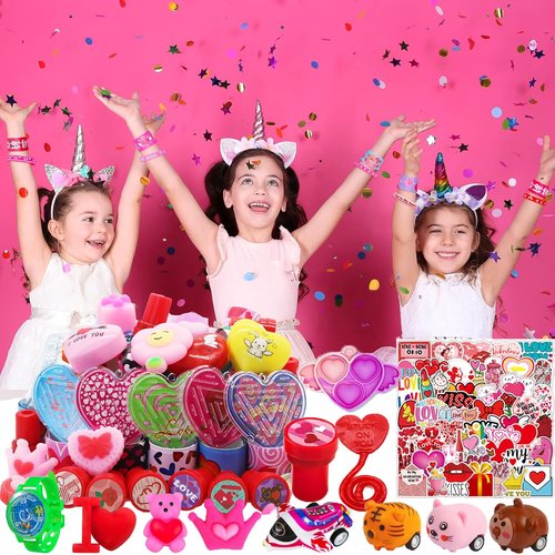126 PCS Valentines Party Favors Toys Assortment Set for Kids Students, Valentine's Day Treats School Classroom Gift Exchange Goodie Bag Stuffers Prizes Rewards Bulk, Goody Bags Basket Party Supplies