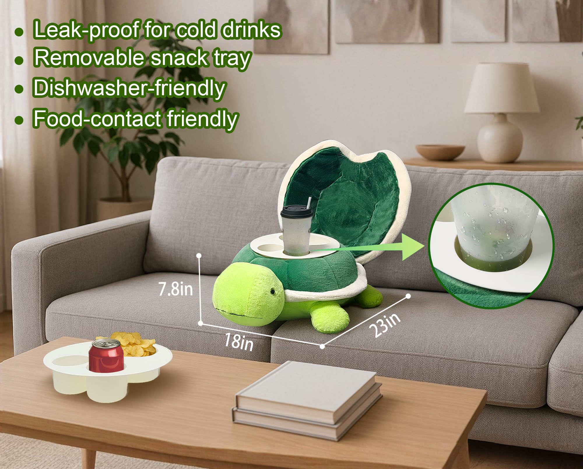 Couch Cup Holder Pillow Tray & Caddy,Headrest and Giant Turtle Stuffed Animal-For Sofa, Bed, Car，Camping, Double Smooth zippers for the shell, soft plush.Spill-Proof Machine Washable tray (23inches）