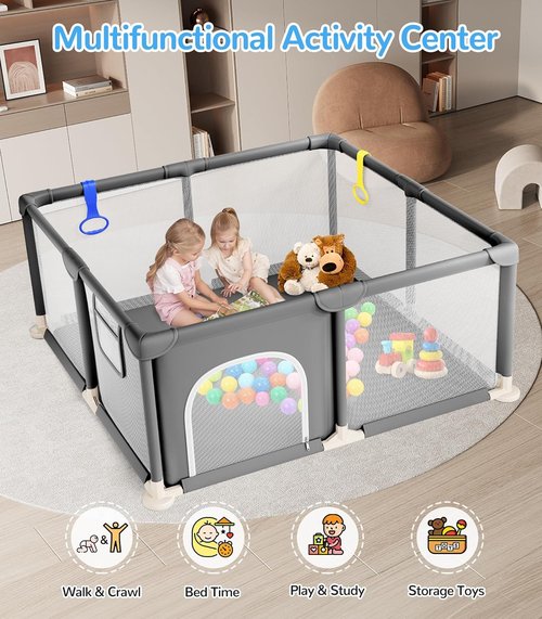 Dripex Baby Playpen - 47"x47" Safe Indoor & Outdoor Play Yard with Soft Mesh & Easy Setup - Grey