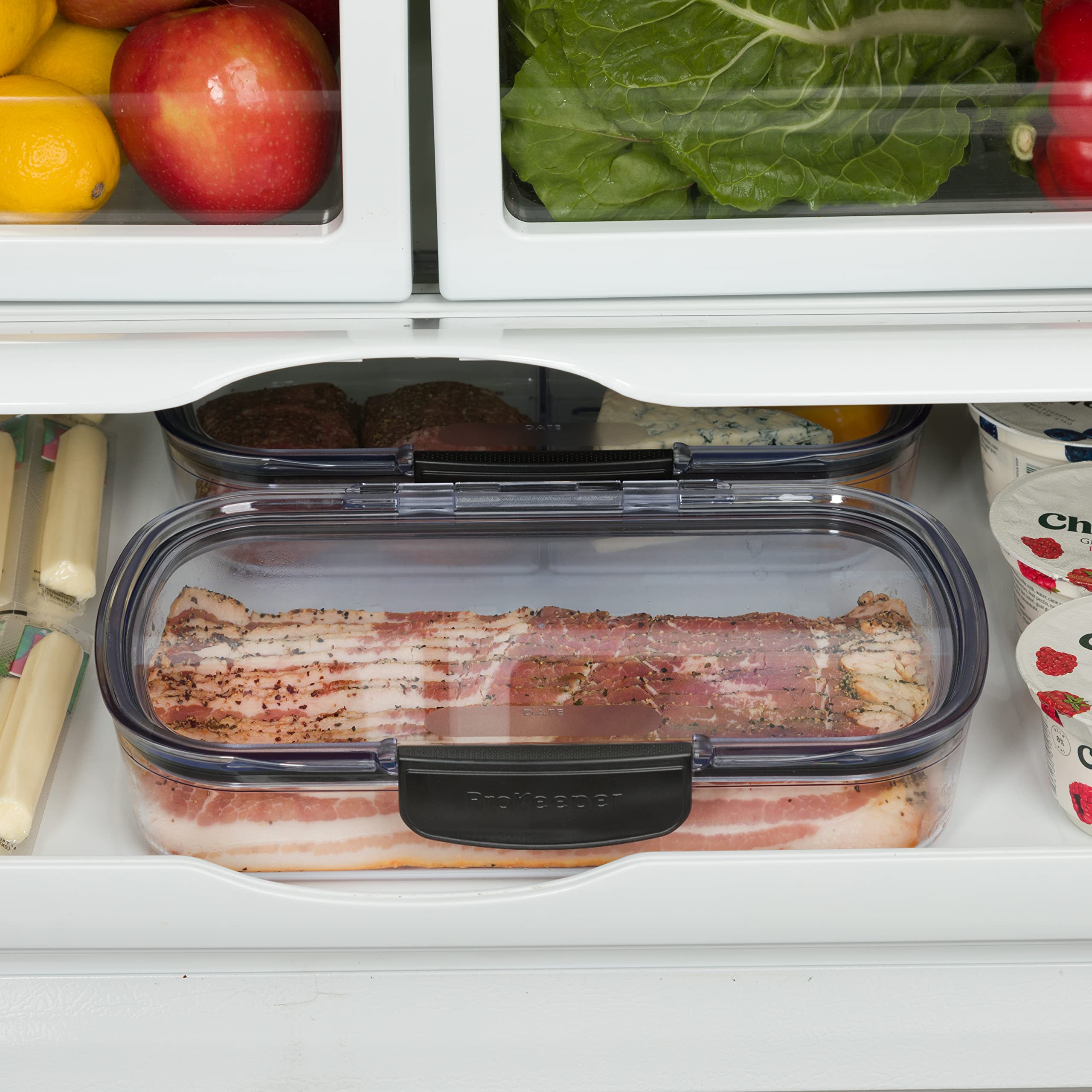 Progressive Prokeeper + Deli Storage Set: Air-Tight Silicone Sealed Containers w Grooved Bottom, Dry Erase Lid, BPA-Free, Stackable, Keeps Meats & Cheeses Fresh Longer, PKS-700C Deli 1.65L