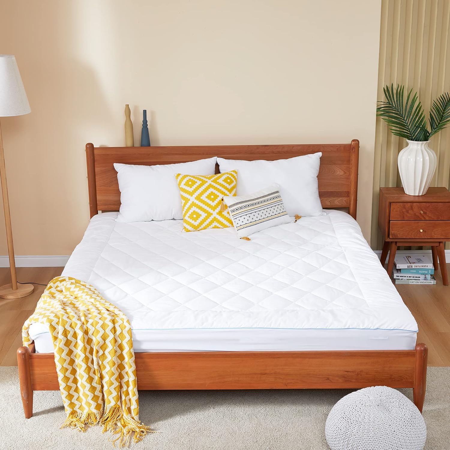 Skiennix Queen Mattress Pad - Quilted Cotton Cover with 18-22" Deep Pockets | Noiseless & Breathable Design