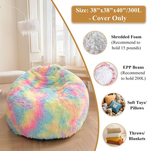 XeGe Faux Fur Comfy Bean Bag Cover(No Filler) for Living Room, Tie Dye Fluffy Stuffed Animal Storage Bean Bag Chair Cover, Furry Fuzzy Bean Bag Cover for Adults Teens Kids Girls, Anti-Slip, Rainbow