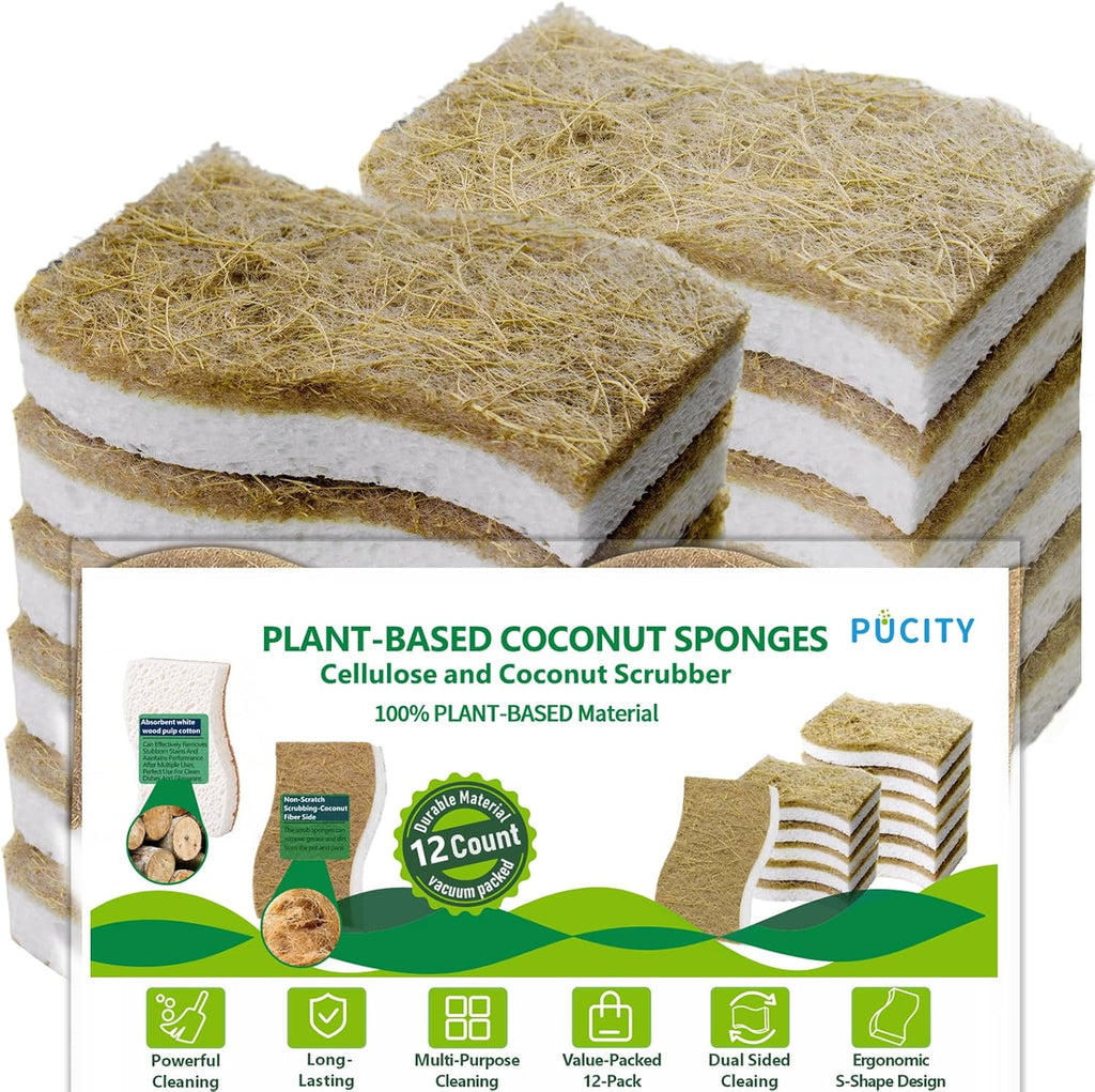 Natural Dish Sponges | Plant-Based Biodegradable Cellulose with Coconut Scrubber - Eco-Friendly (Pack of 12)