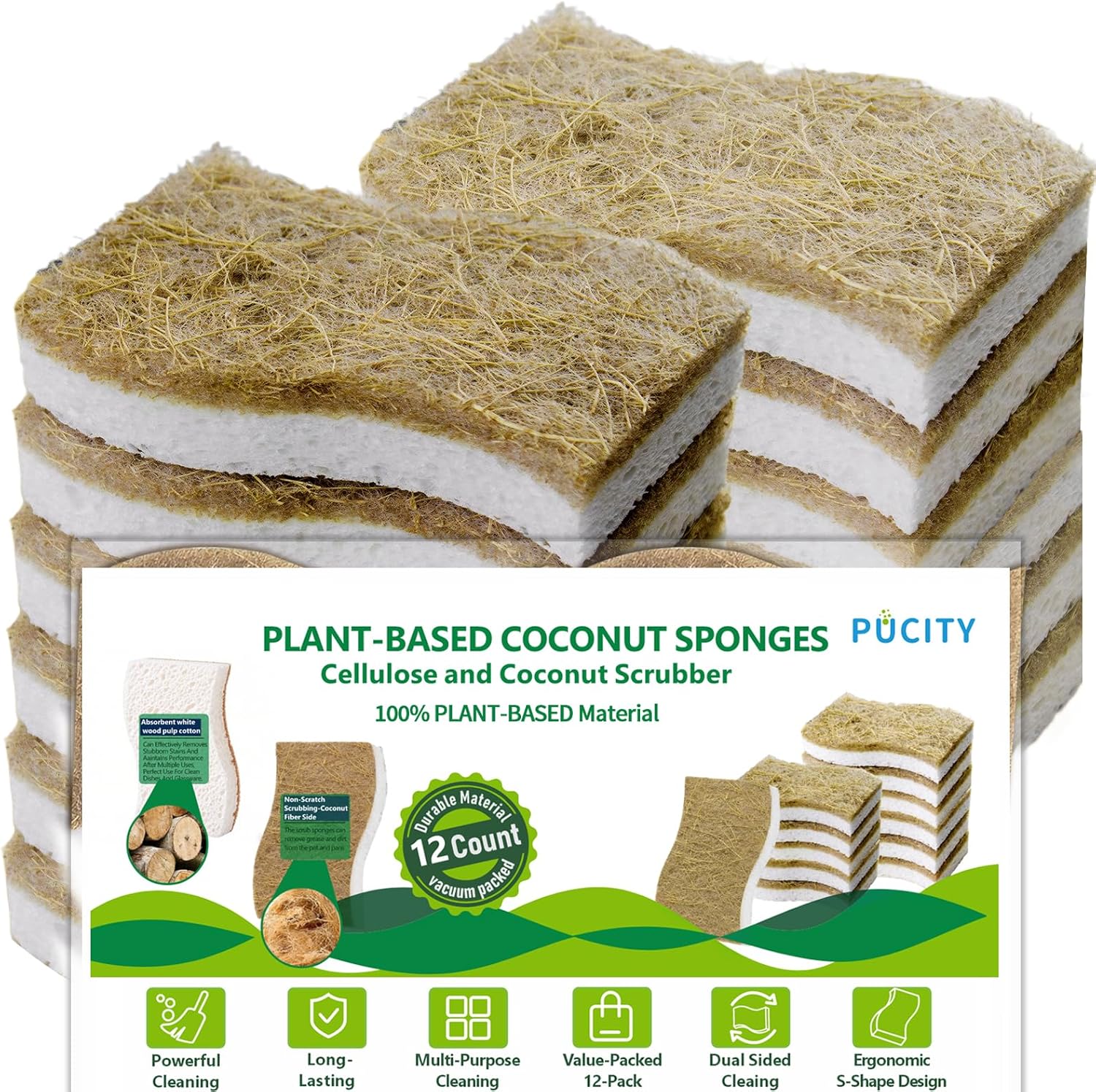 Natural Dish Sponges | Plant-Based Biodegradable Cellulose with Coconut Scrubber - Eco-Friendly (Pack of 12)