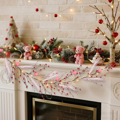 DR.DUDU Valentines Garland, 6 FT Lighted Garlands for Mantle with Heart Lights Pink Feather Red Berry, Pre-lit Valentine Decorations for Fireplace Indoor Outdoor Home Table Party Wedding