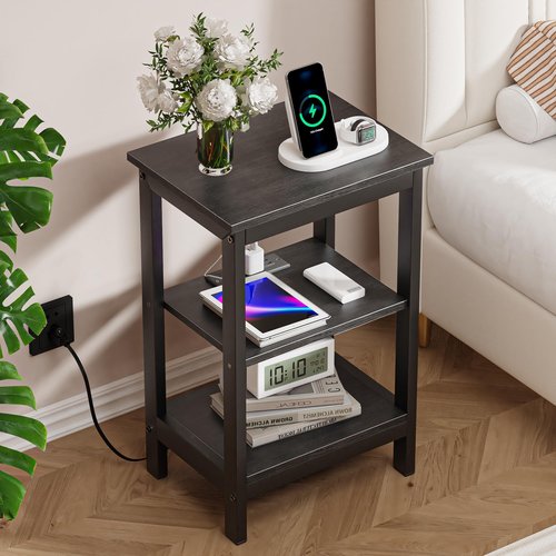 VECELO End Table with Charging Station and USB Ports, Small Wood Nightstand Modern Style, 24" Tall Living Room Side Table with 3-Tier Storage Shelves for Small Spaces, Office, Bedroom, Classic Black