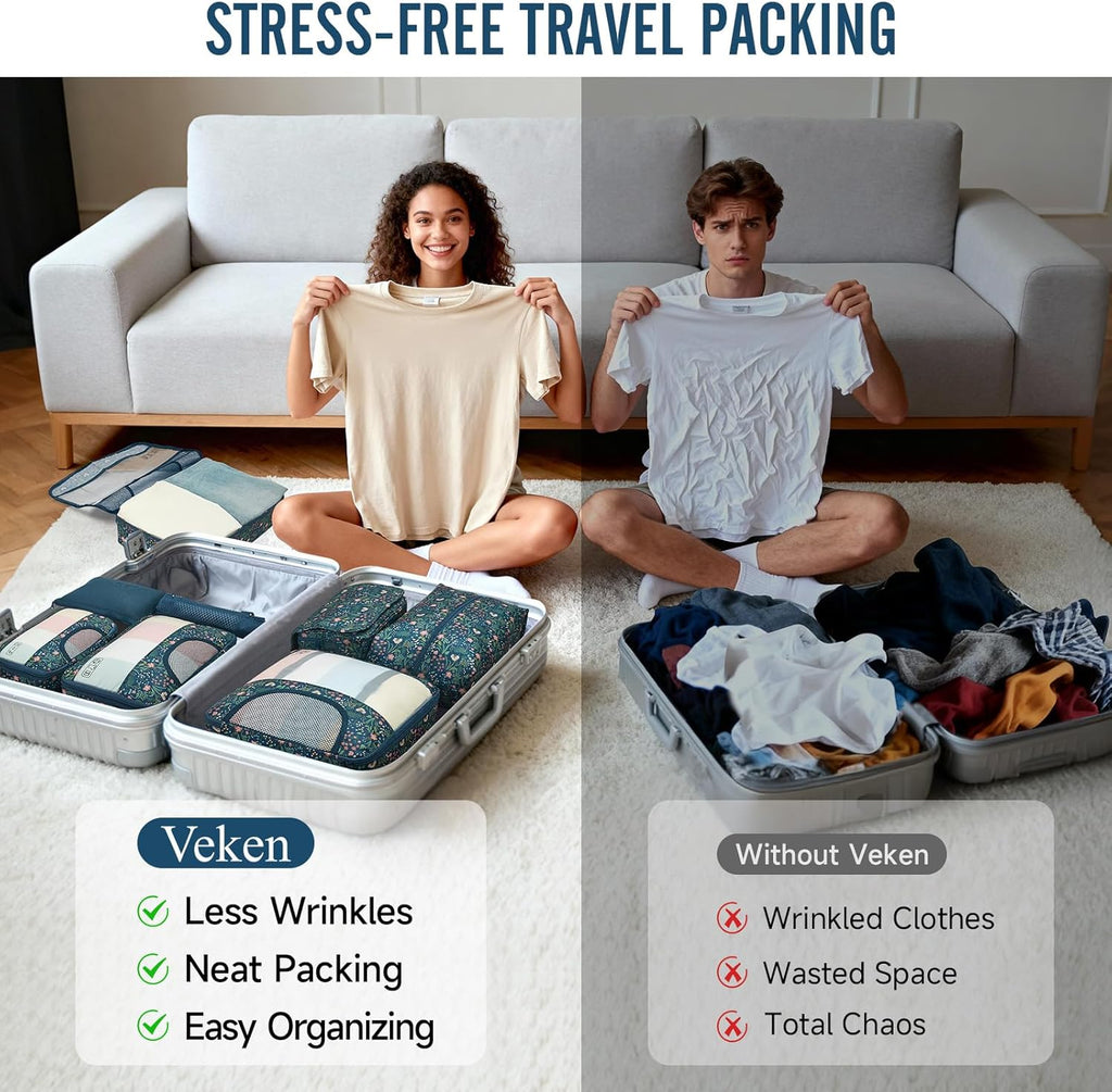 Veken Packing Cubes - Travel Organizer Set with Laundry Bag & Passport Holder | 4 Sizes for Easy Packing