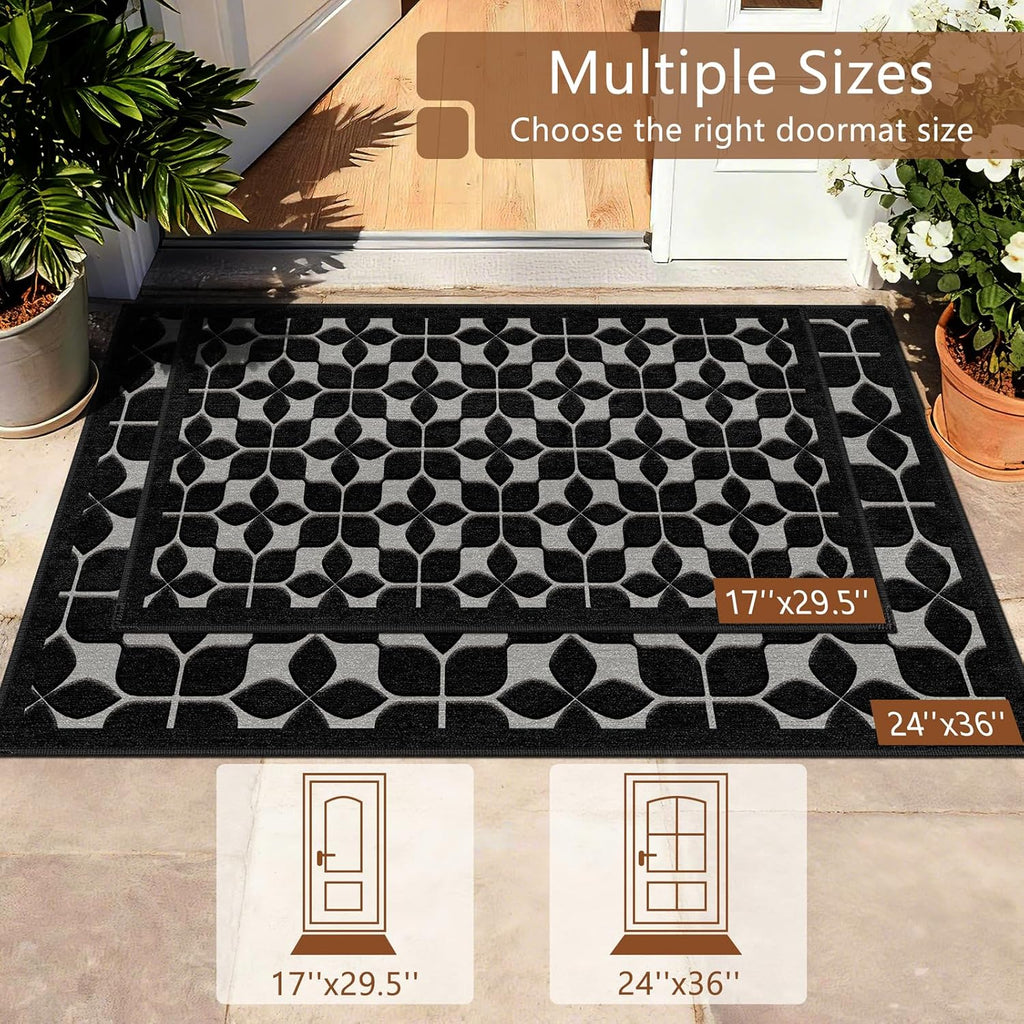 Skiennix Front Door Mat - Washable All-Weather Black Trellis Design | 24"x36" Non-Slip Easy Clean Rug
