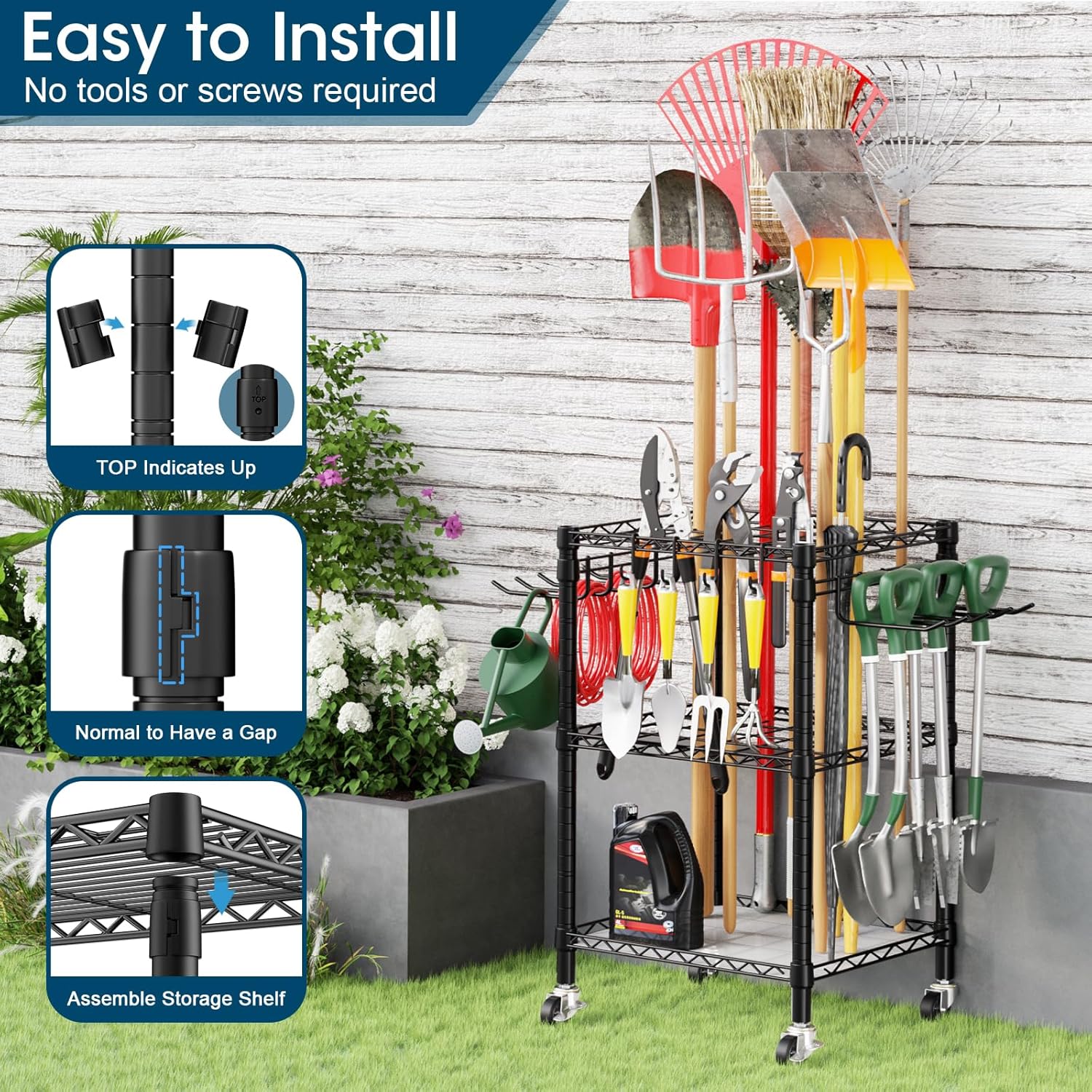 **T1 Garden Tool Organizer - Heavy Duty Freestanding Storage with Lockable Wheels | Holds Up to 50 Tools, Black**