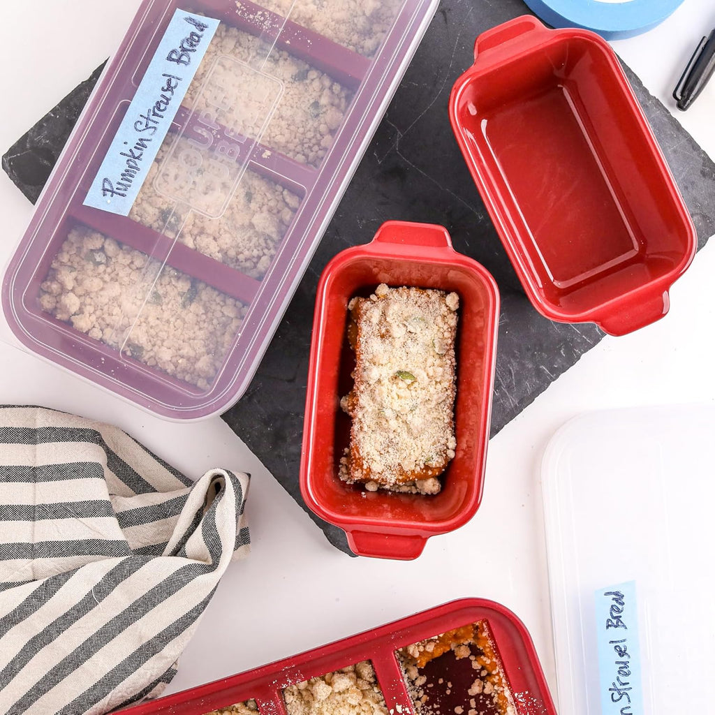 Souper Cubes Stoneware Baking Dishes - Premium Mini Ceramic 5" x 3" Set of 4 with Silicone Covers - Cranberry