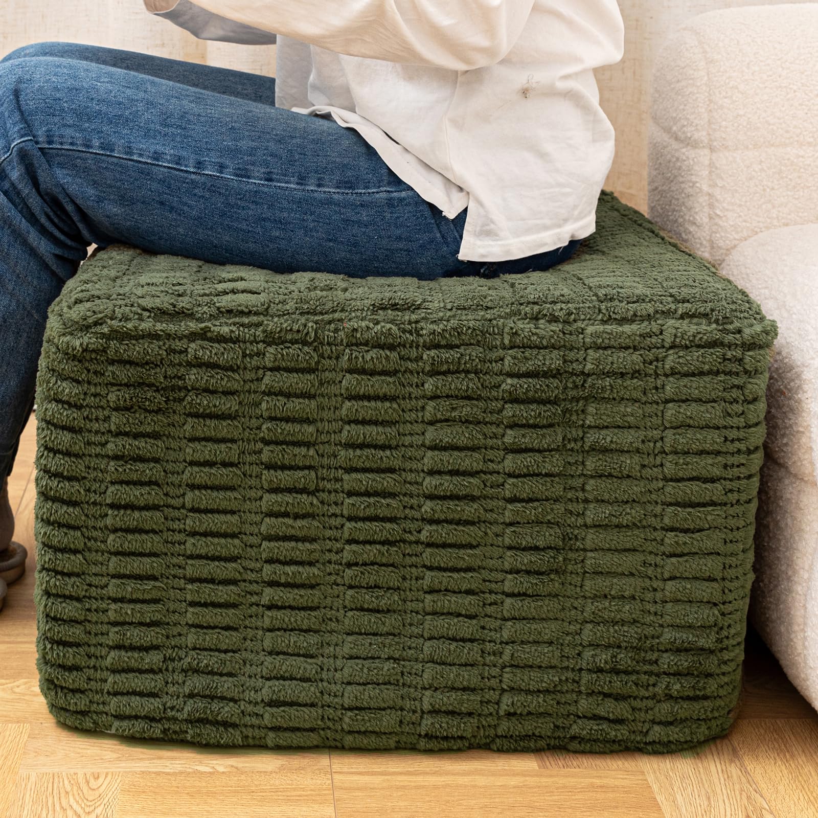 Poofieotto 20x20x14 Inches Fluffy Square Pouf Ottoman - Plush Furry Boneless Ottoman Foot Rest Stool with High-Density Foam, Versatile Floor Seating for Living Room (Green)